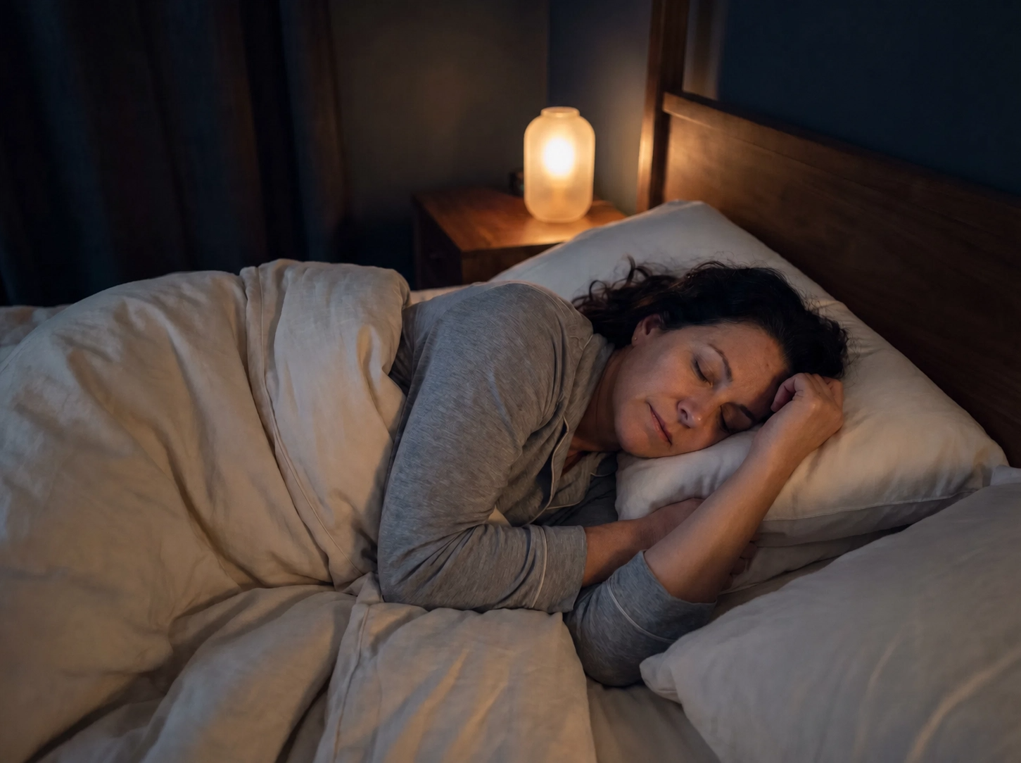 Woman sleeping peacefully in a calm, dimly lit bedroom
